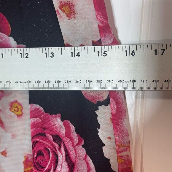 IZ Byer Floral Halter Top Size L Black Pink Rose Print Ruffle Hem Keyhole Back - Picture 5 of 9